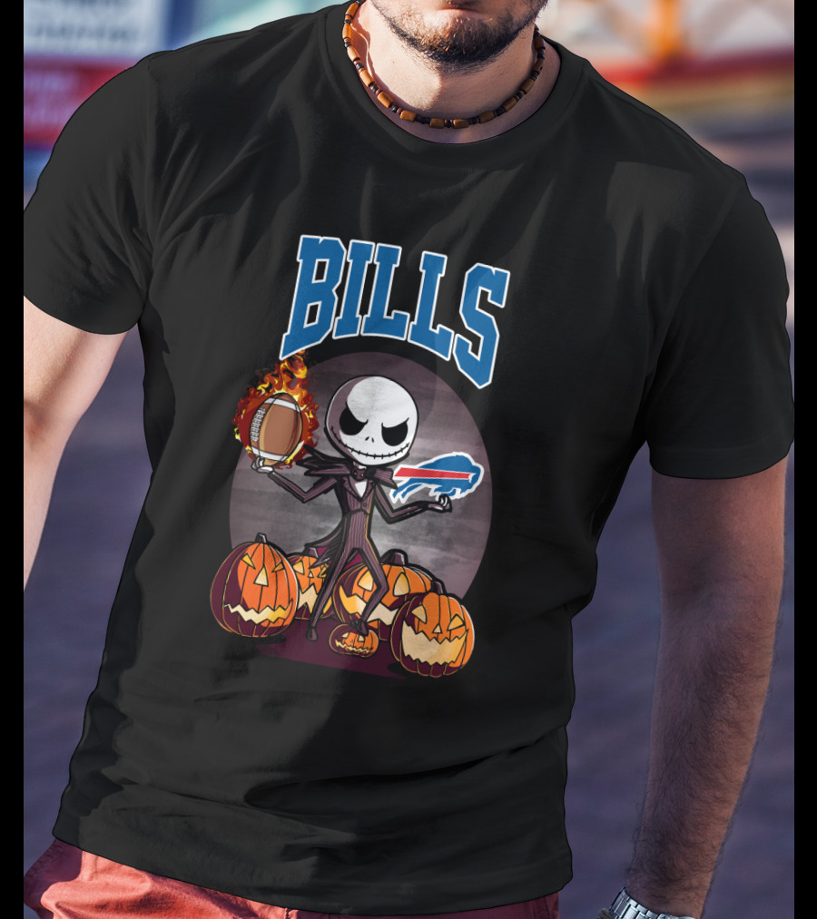 Jack Skellington Buffalo Bills Halloween Pumpkins Football And Flames T-Shirt