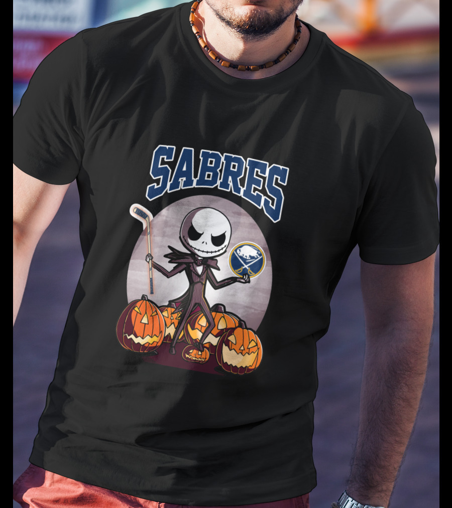Jack Skellington Halloween Buffalo Sabres Hockey Pumpkins T-Shirt