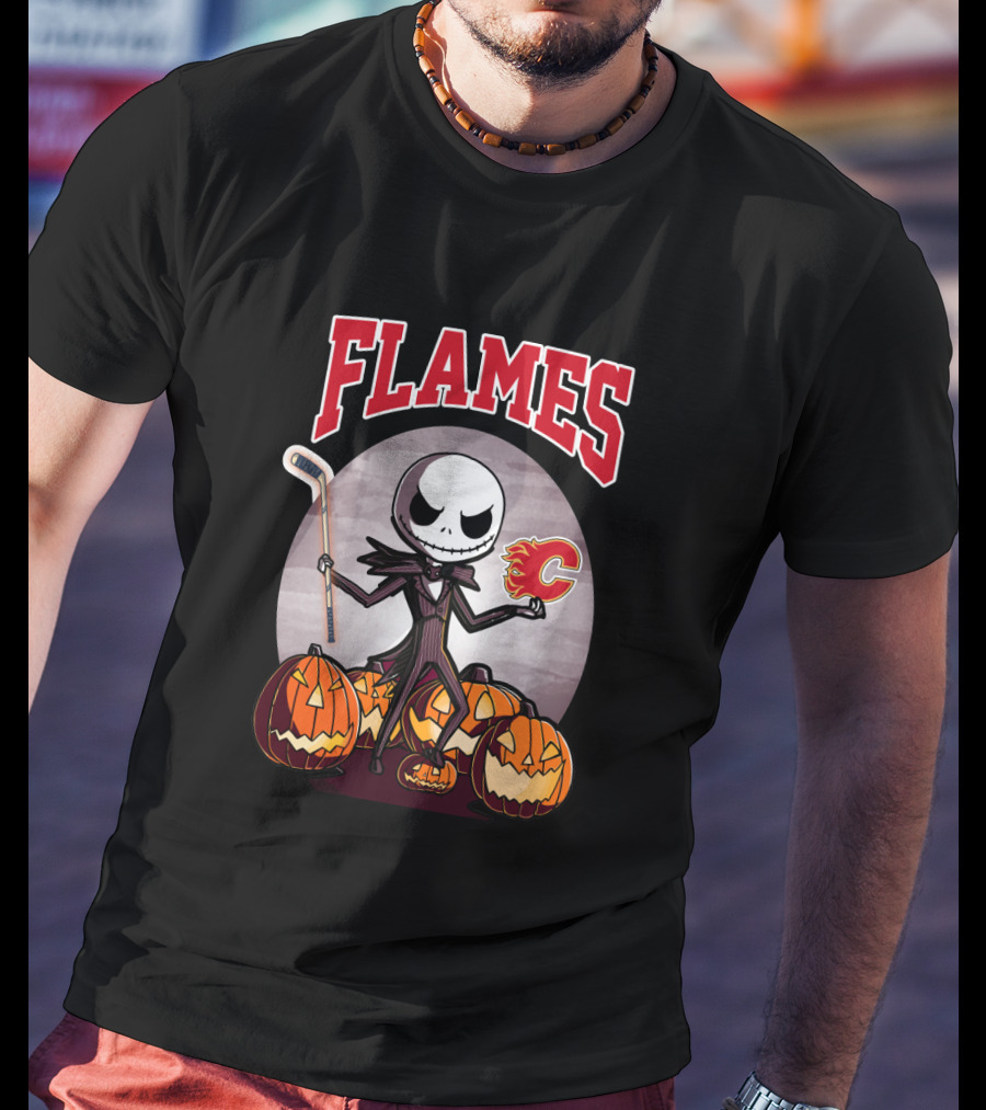 Calgary Flames Jack Skellington Halloween Hockey Pumpkins T-Shirt