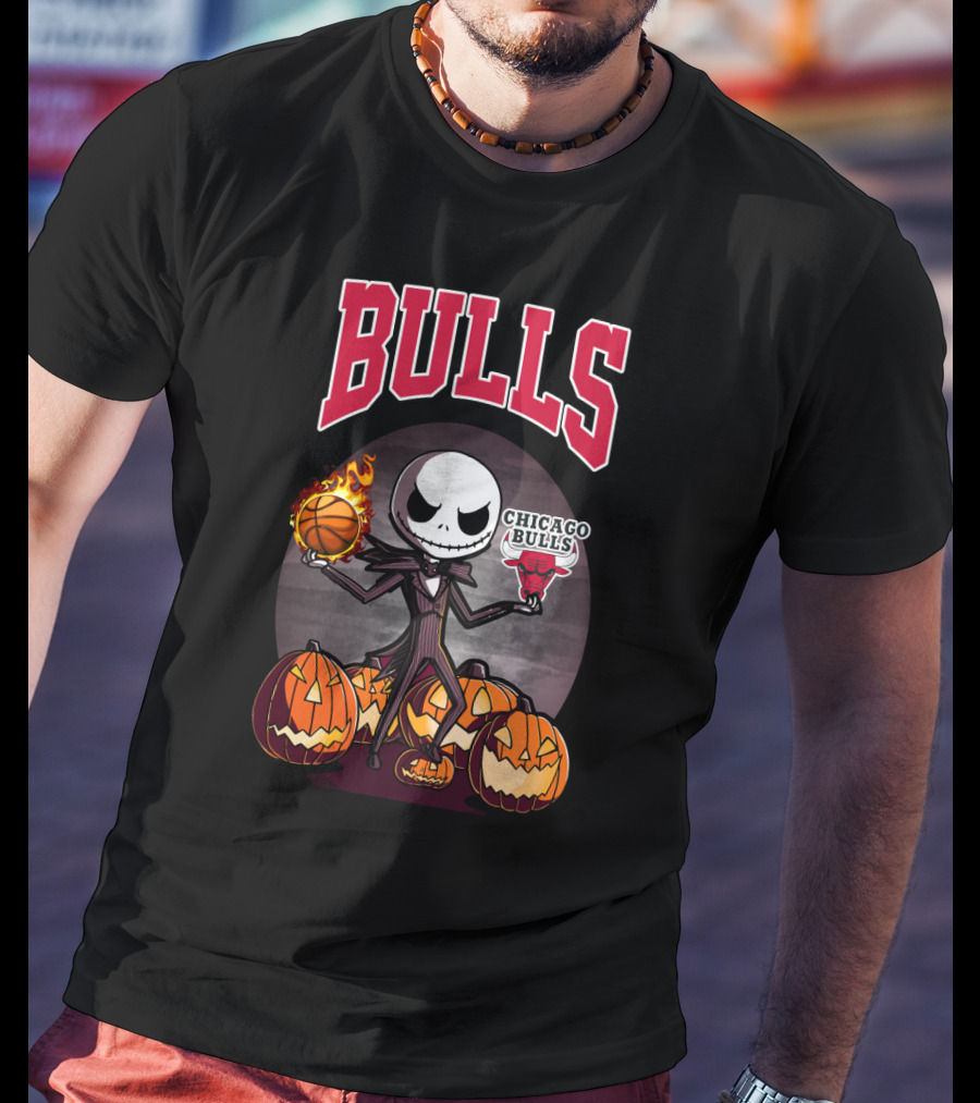 Bulls Halloween Jack Skellington Chicago Bulls Basketball Pumpkins T-Shirt