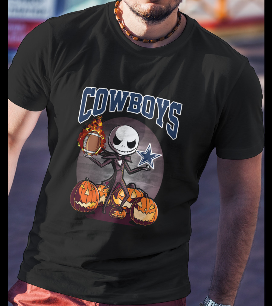 Jack Skellington Holding Flaming Football Surrounded By Pumpkins Dallas Cowboys T-Shirt