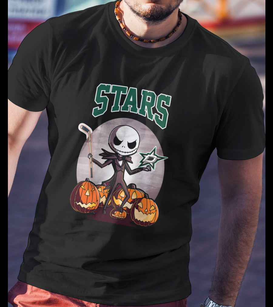 Dallas Stars Halloween Jack Skellington With Hockey Stick And Pumpkins T-Shirt