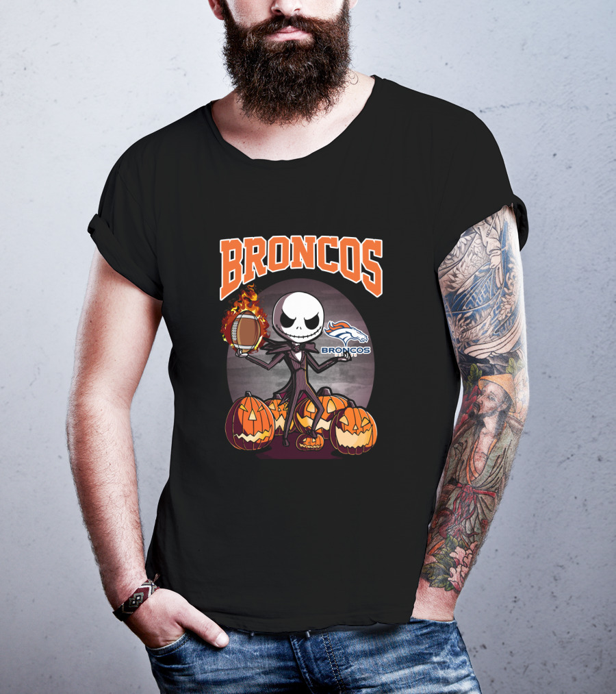 Broncos Jack Skellington Halloween Football Pumpkins T-Shirt