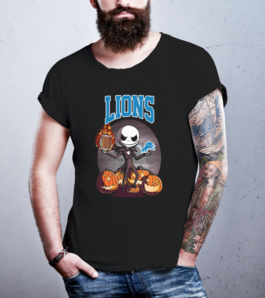 Jack Skellington Detroit Lions Halloween Football With Pumpkins T-Shirt