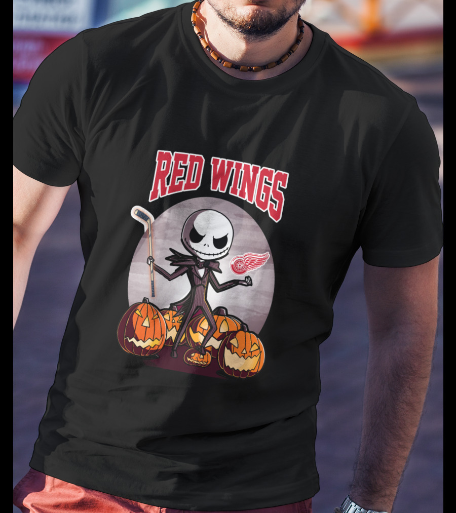 Jack Skellington Halloween Detroit Red Wings Hockey Pumpkins T-Shirt