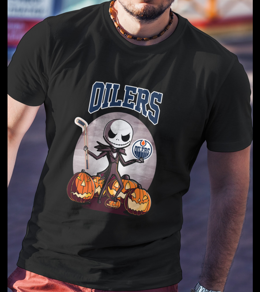 Oilers Jack Skellington Halloween Edmonton Oilers Hockey Pumpkin T-Shirt