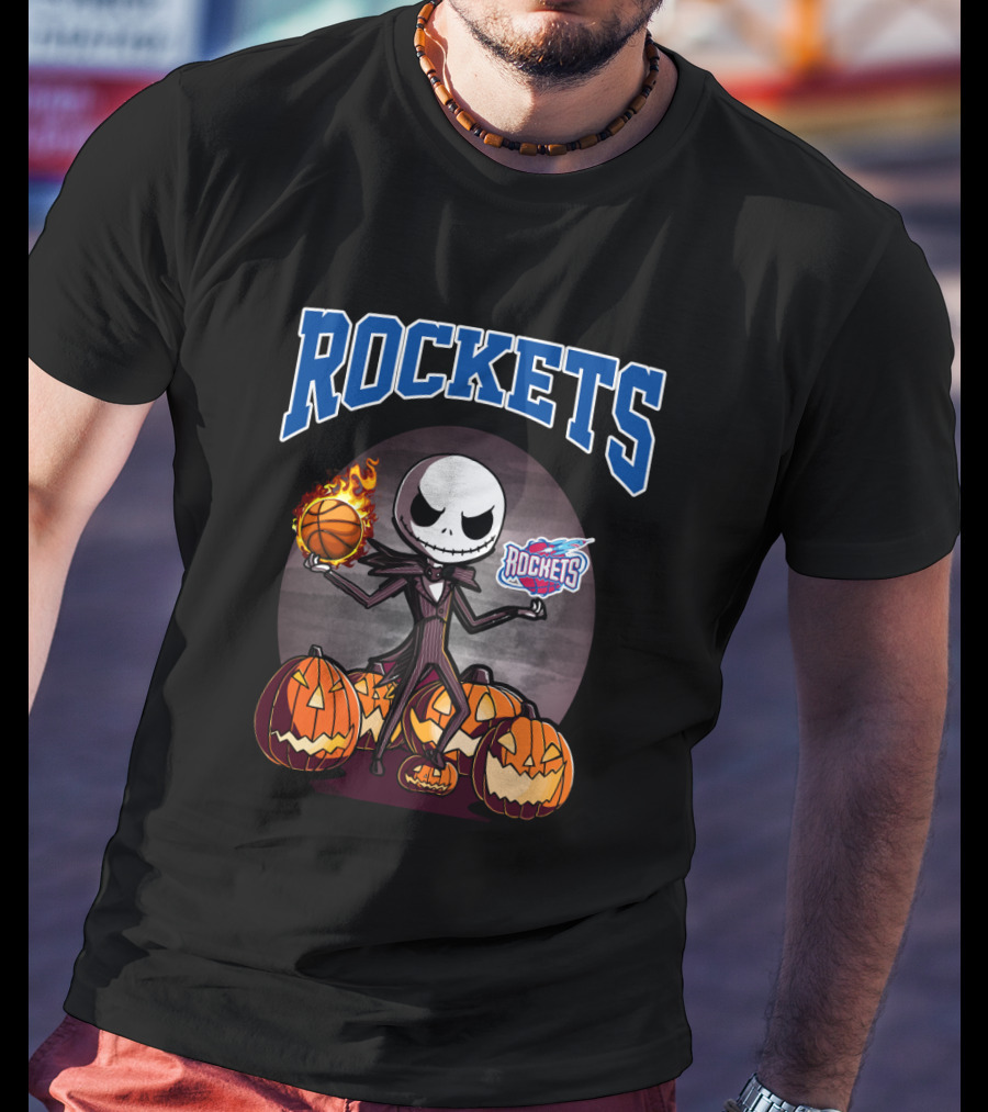 Jack Skellington Halloween Houston Rockets Basketball Pumpkins Scene T-Shirt