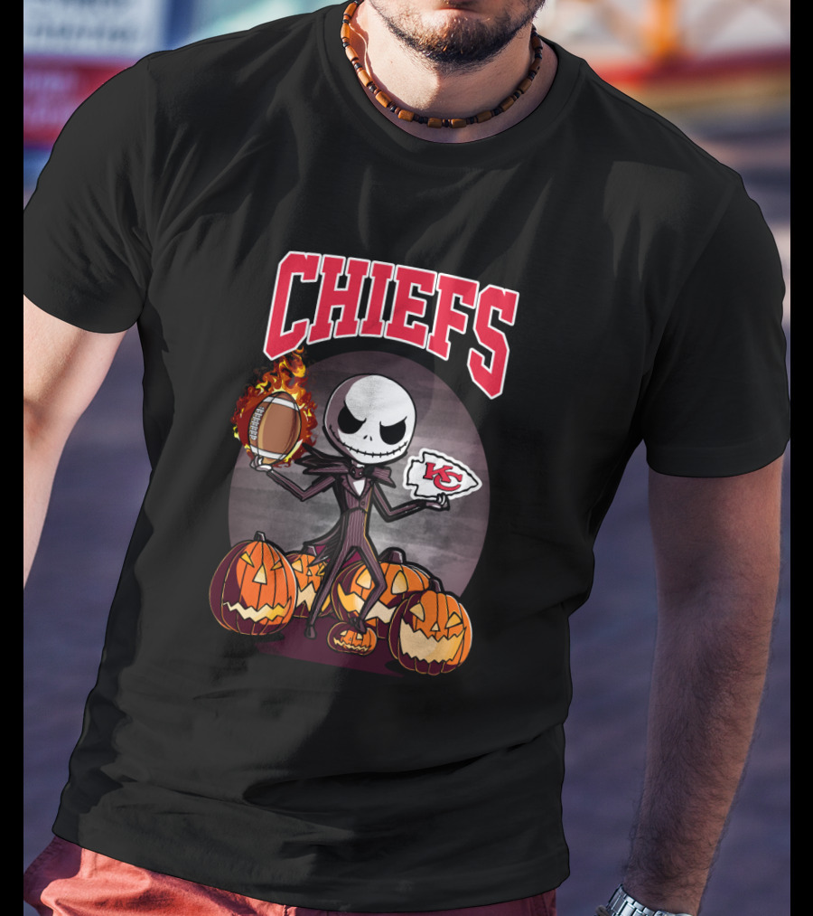 Chiefs Halloween Jack Skellington Kansas City Football Pumpkins T-Shirt
