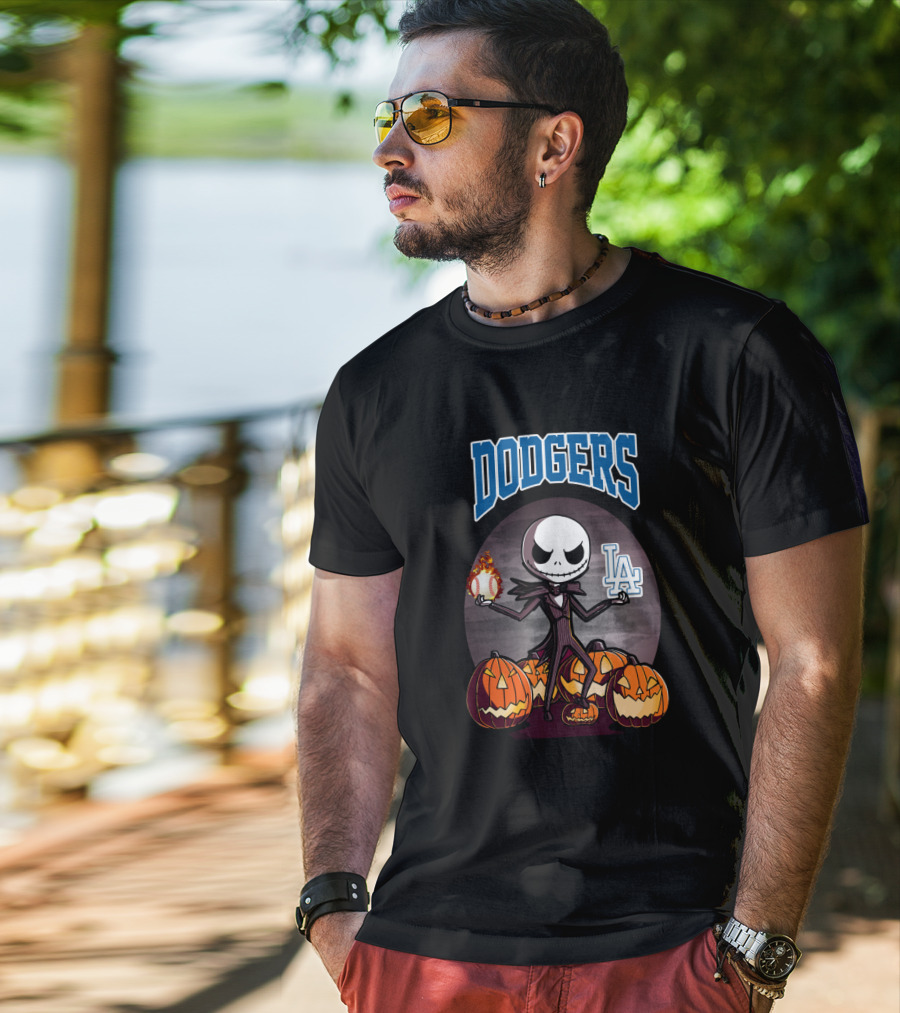 Dodgers Jack Skellington Halloween With LA Logo And Pumpkins T-Shirt
