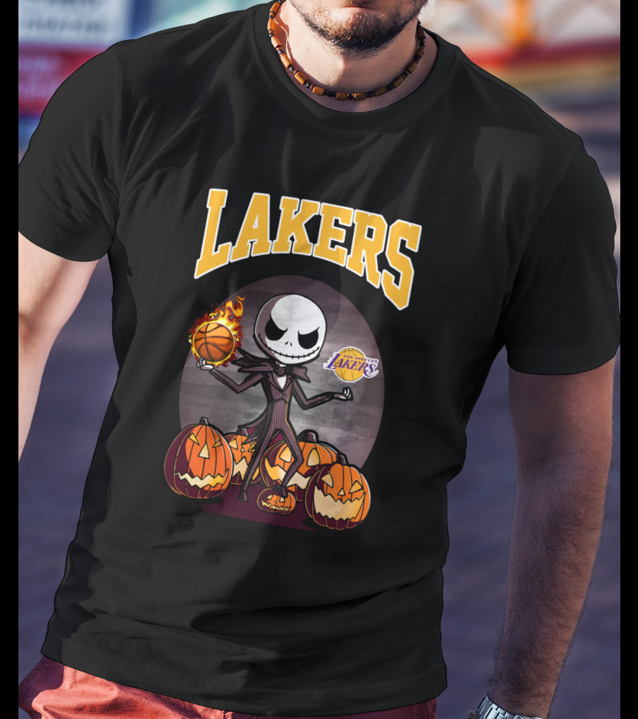 Lakers Jack Skellington Halloween Basketball With Pumpkins And Los Angeles Lakers T-Shirt