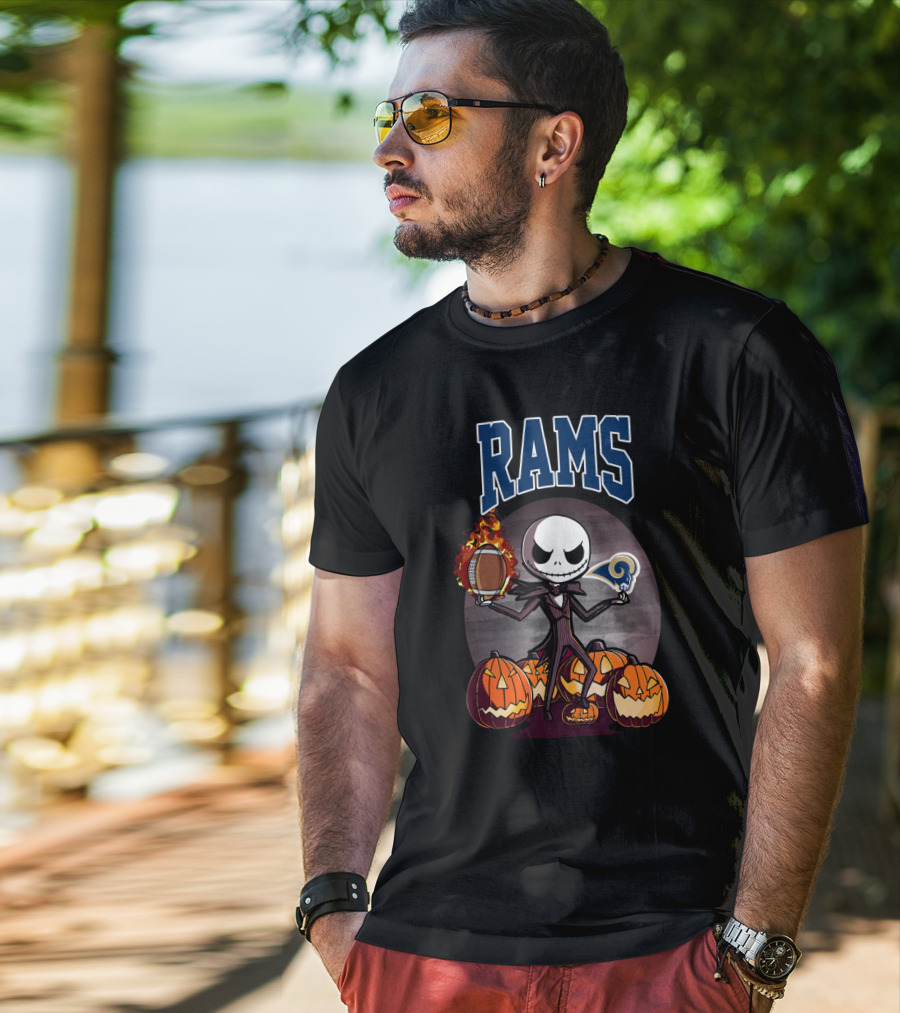 Jack Skellington Los Angeles Rams Halloween Football Pumpkins T-Shirt