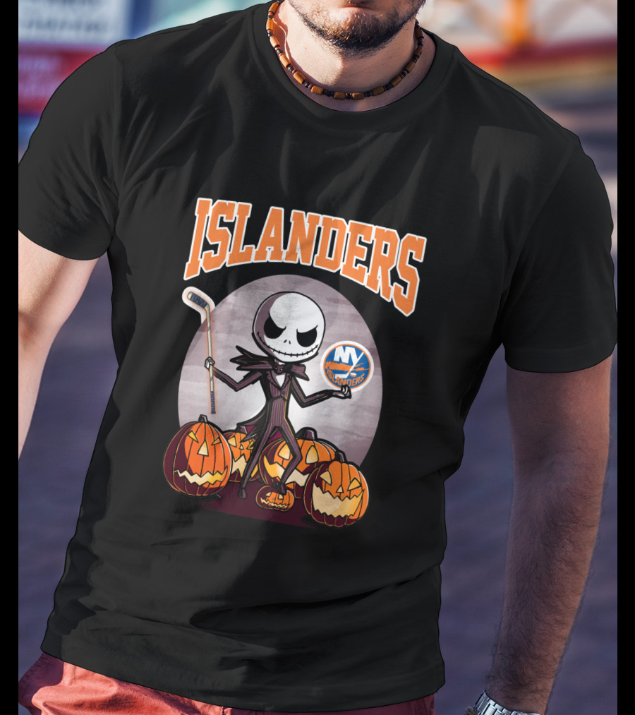 Jack Skellington Halloween New York Islanders Hockey Pumpkins T-Shirt