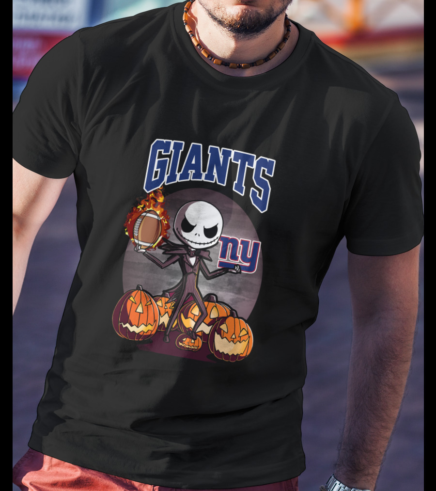 New York Giants Halloween Jack Skellington With Pumpkins And Flaming Football T-Shirt