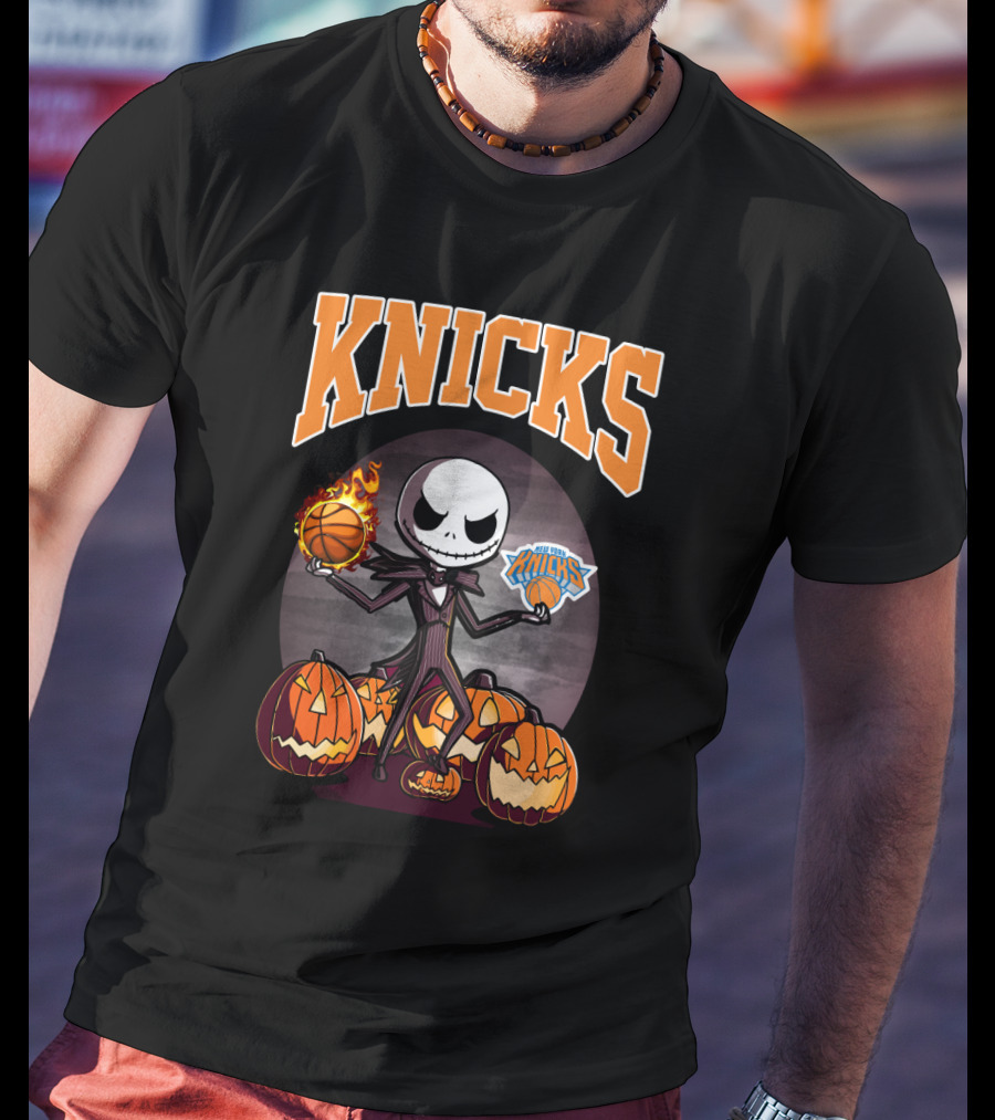Knicks Jack Skellington Halloween Basketball With Pumpkins T-Shirt