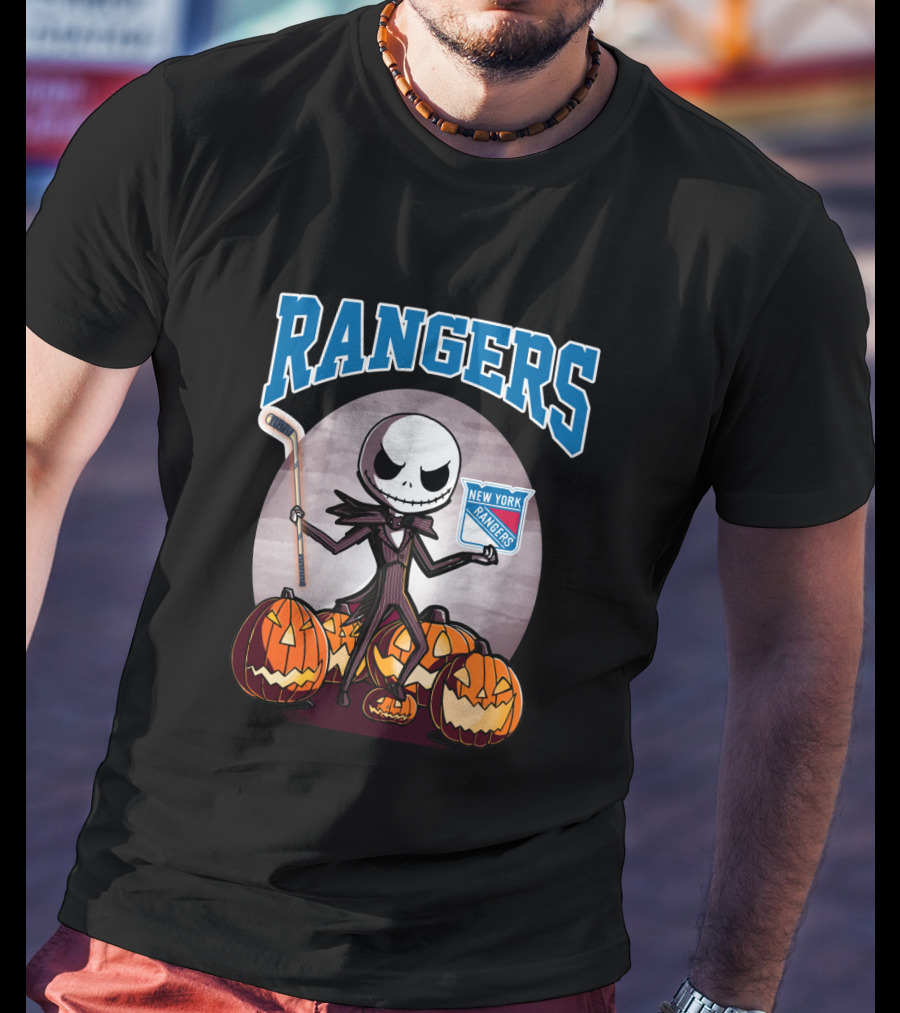New York Rangers Jack Skellington Halloween Holding Hockey Stick With Pumpkins T-Shirt