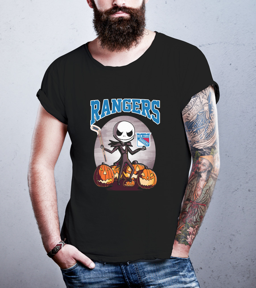 New York Rangers Jack Skellington Halloween Holding Hockey Stick With Pumpkins T-Shirt
