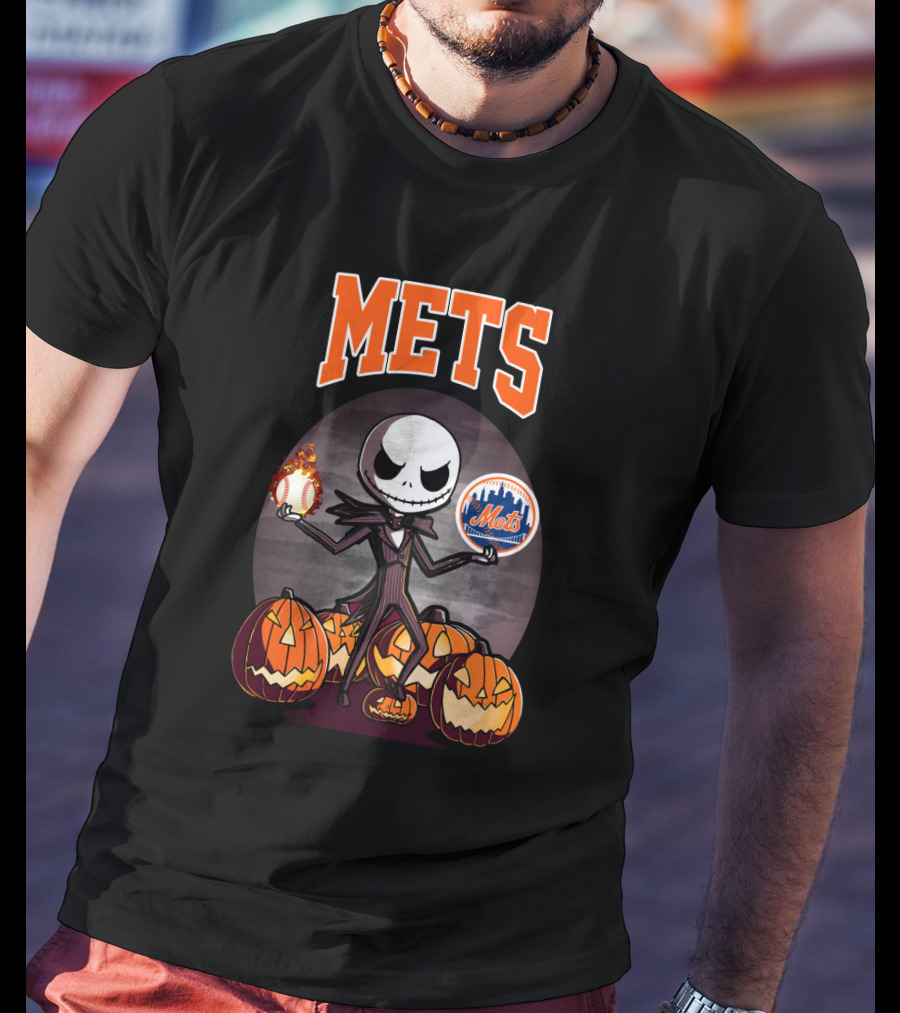 Jack Skellington Halloween New York Mets Pumpkin Baseball T-Shirt