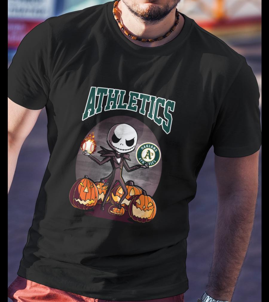 Athletics Jack Skellington With Oakland A's Logo And Halloween Pumpkins T-Shirt