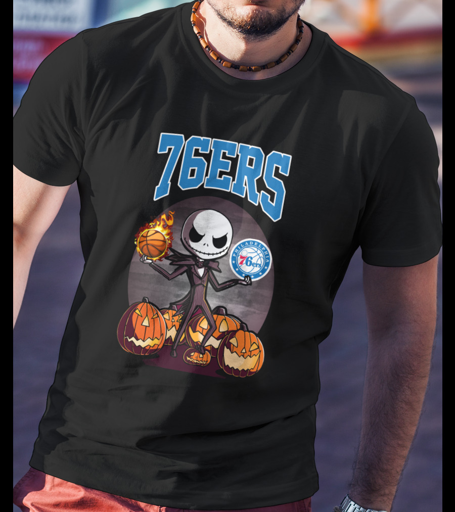 Philadelphia 76ers Jack Skellington Halloween Basketball Pumpkins T-Shirt