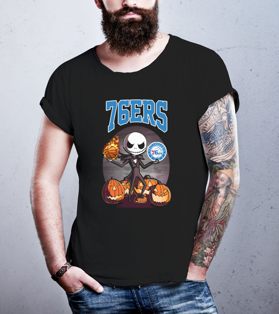 Philadelphia 76ers Jack Skellington Halloween Basketball Pumpkins T-Shirt