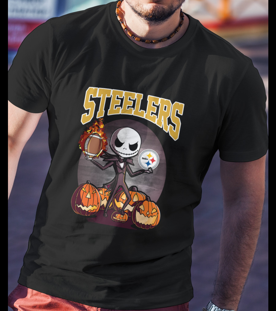 Steelers Jack Skellington Halloween Pumpkins Flaming Football Logos T-Shirt