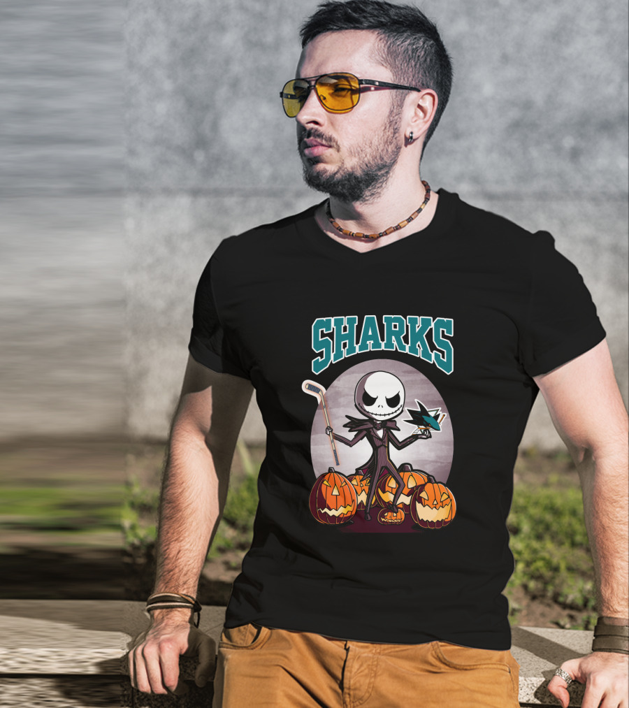 Jack Skellington San Jose Sharks Halloween Hockey Pumpkins T-Shirt