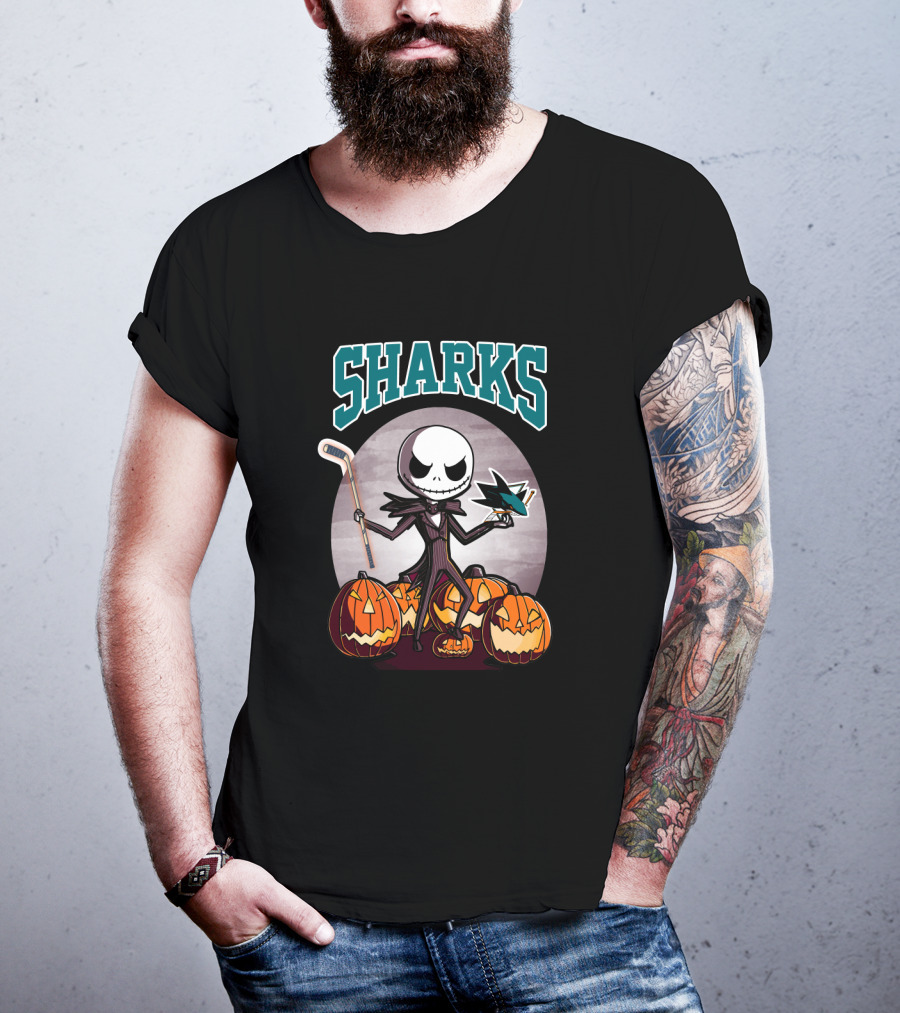 Jack Skellington San Jose Sharks Halloween Hockey Pumpkins T-Shirt