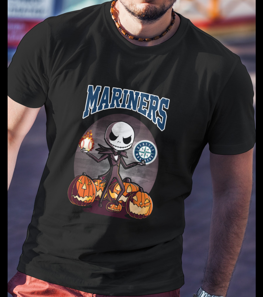 Mariners Jack Skellington Seattle Halloween Baseball And Pumpkins T-Shirt