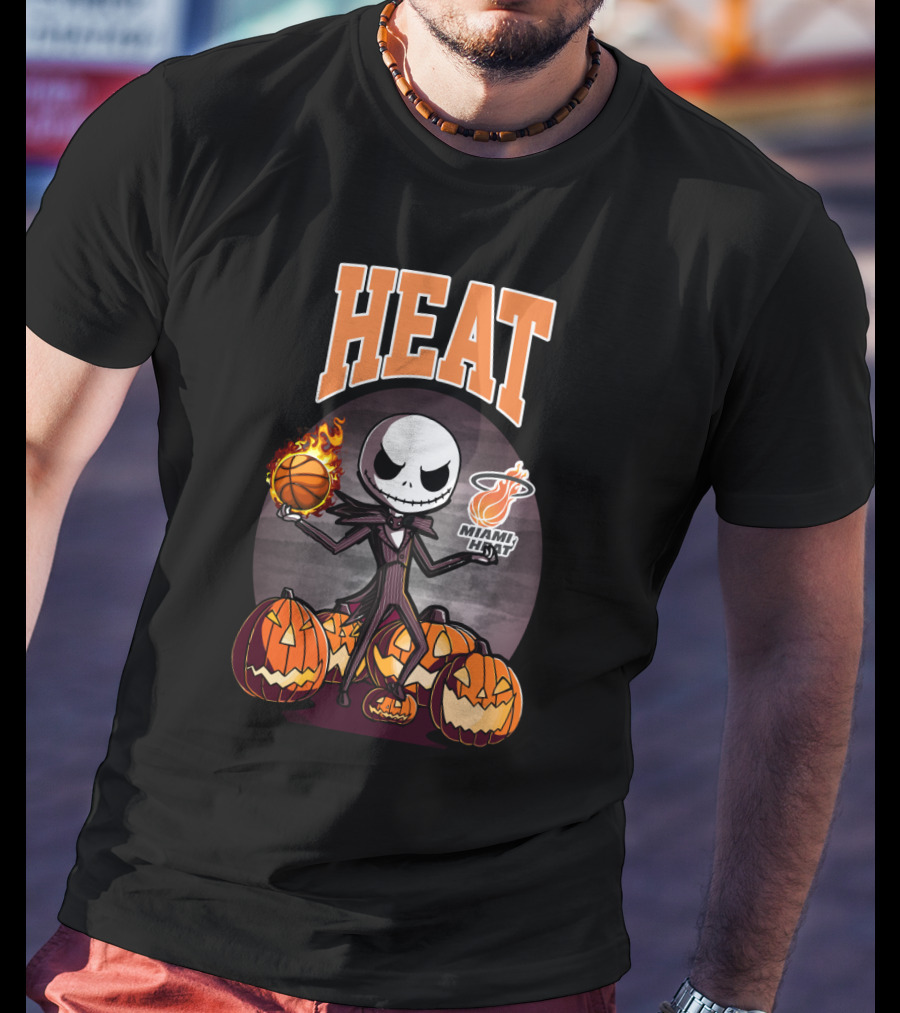 Jack Skellington Halloween Miami Heat Basketball And Pumpkins T-Shirt