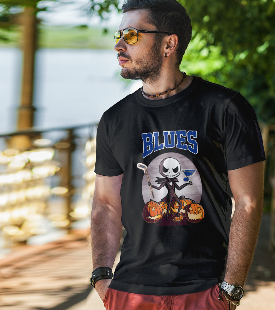 St. Louis Blues With Halloween Jack Skellington And Pumpkins T-Shirt