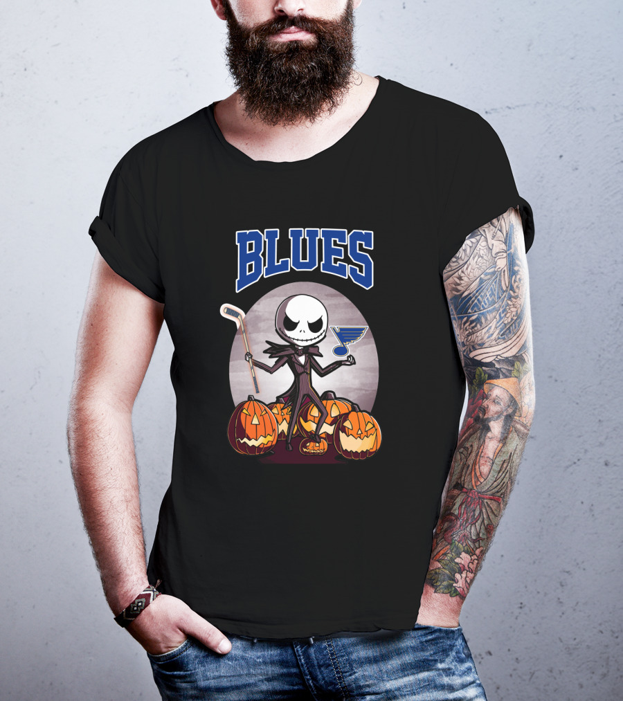 St. Louis Blues With Halloween Jack Skellington And Pumpkins T-Shirt