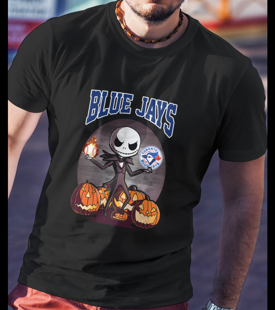 Jack Skellington Toronto Blue Jays Halloween With Pumpkins And Baseball T-Shirt