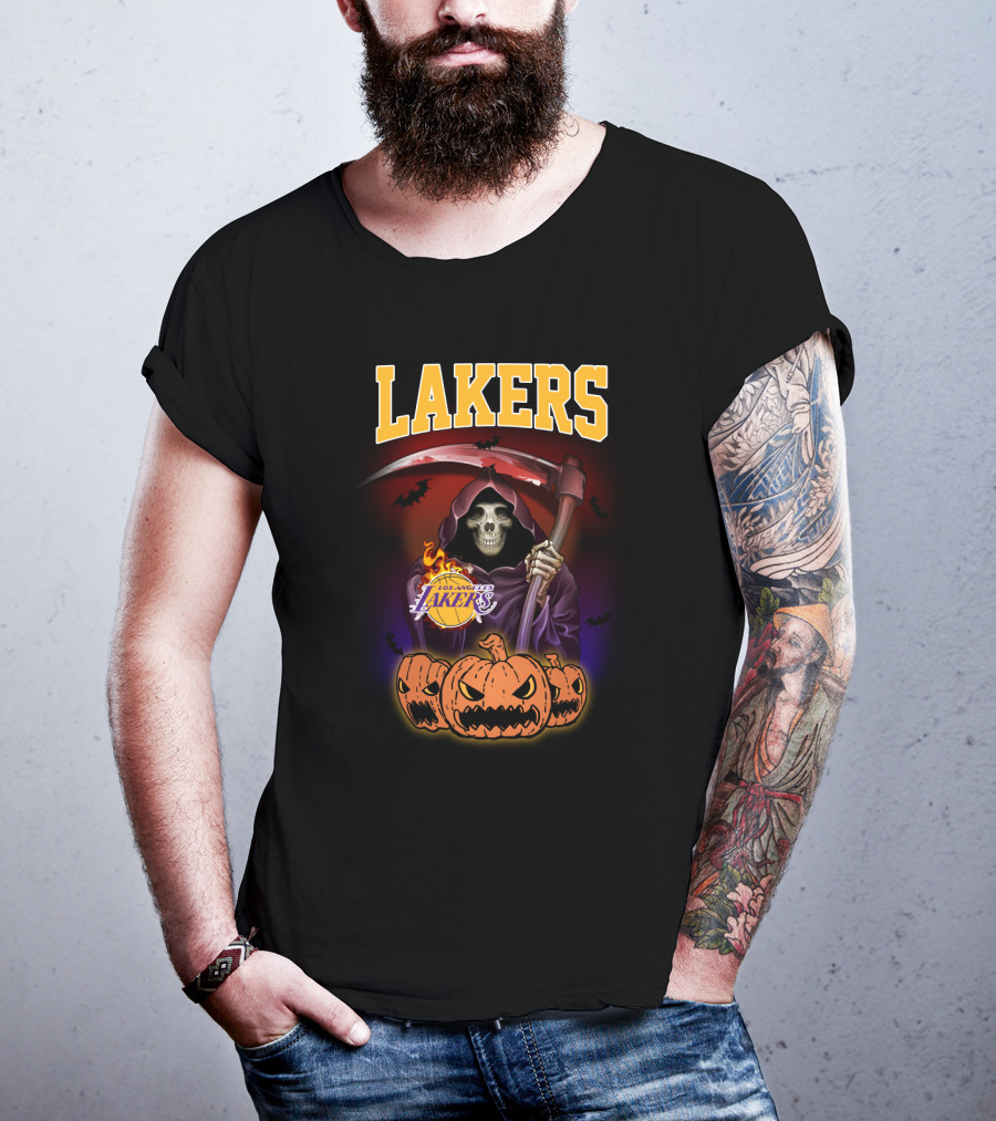Los Angeles Lakers Reaper Skeleton With Pumpkins Halloween T-Shirt