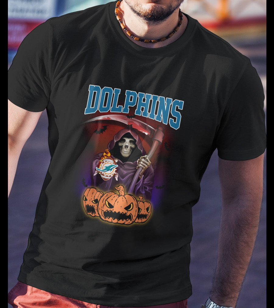 Miami Dolphins Grim Reaper With Scythe And Jack-o'-Lanterns T-Shirt