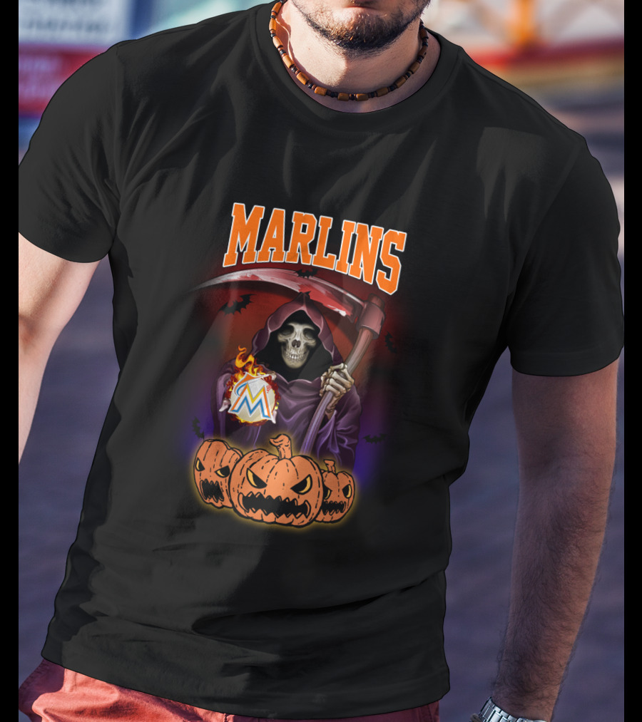 Miami Marlins Reaper With Scythe And Pumpkin Trio Halloween T-Shirt
