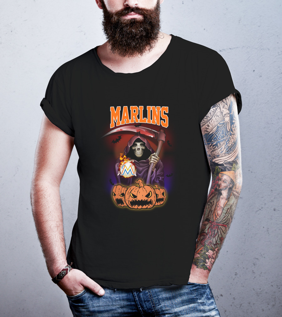 Miami Marlins Reaper With Scythe And Pumpkin Trio Halloween T-Shirt