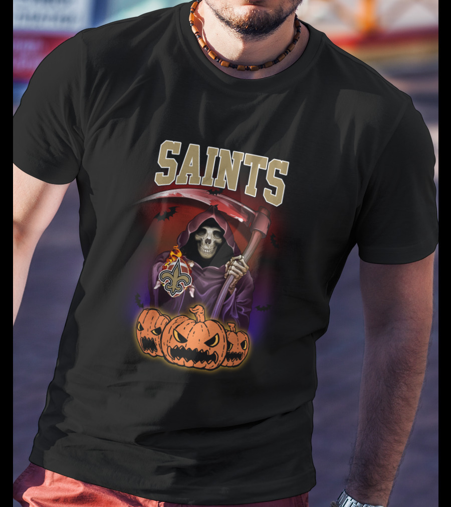 New Orleans Saints Reaper Holding Scythe With Pumpkins T-Shirt