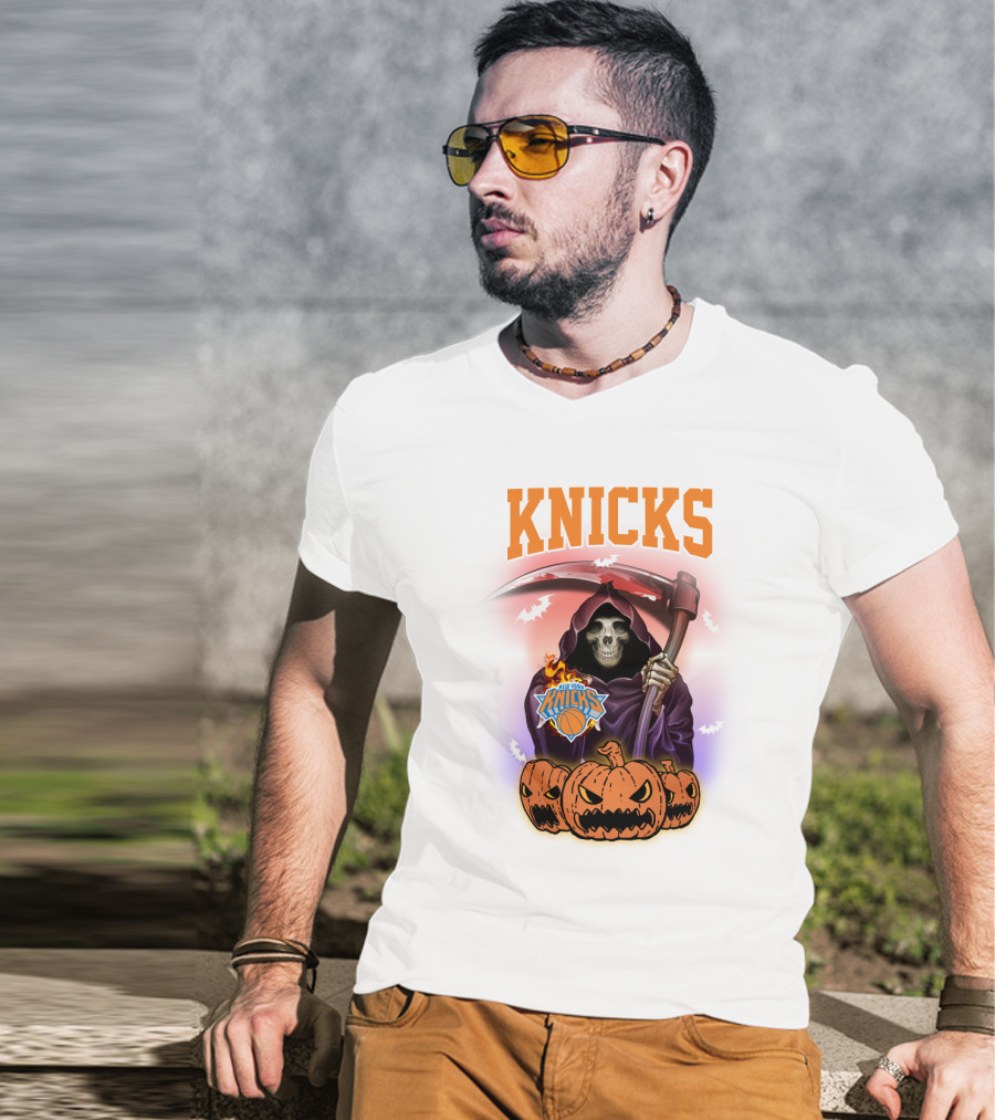 Knicks Grim Reaper Halloween Pumpkins New York Basketball T-Shirt