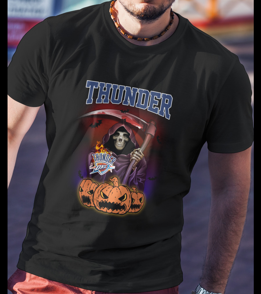 Oklahoma City Thunder Grim Reaper Halloween Theme With Pumpkins And Scythe T-Shirt