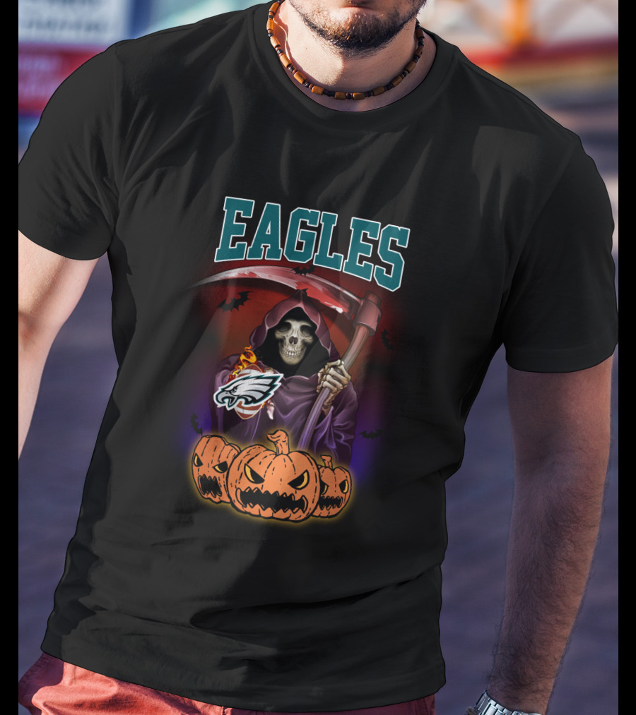 Eagles Reaper Halloween With Philadelphia Eagles Logo And Grim Pumpkin Trio T-Shirt