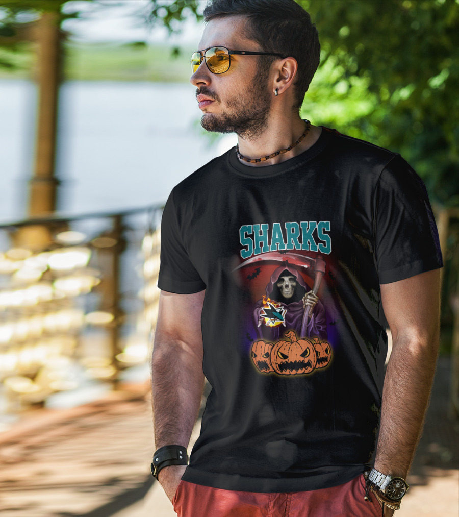 Sharks Reaper With Scythe And Pumpkins San Jose T-Shirt