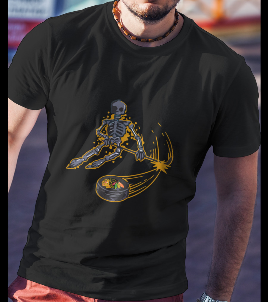 Skeleton Playing Ice Hockey With Chicago Blackhawks Puck T-Shirt