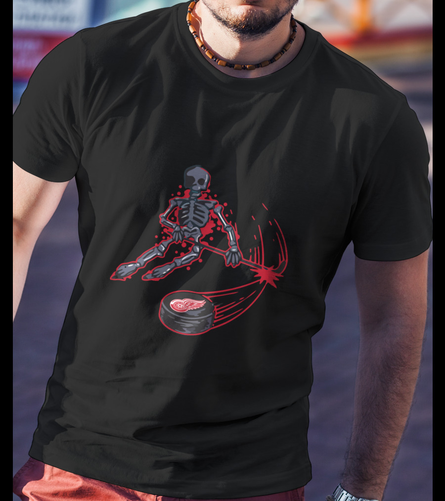 Skeleton Playing Ice Hockey With Detroit Red Wings T-Shirt