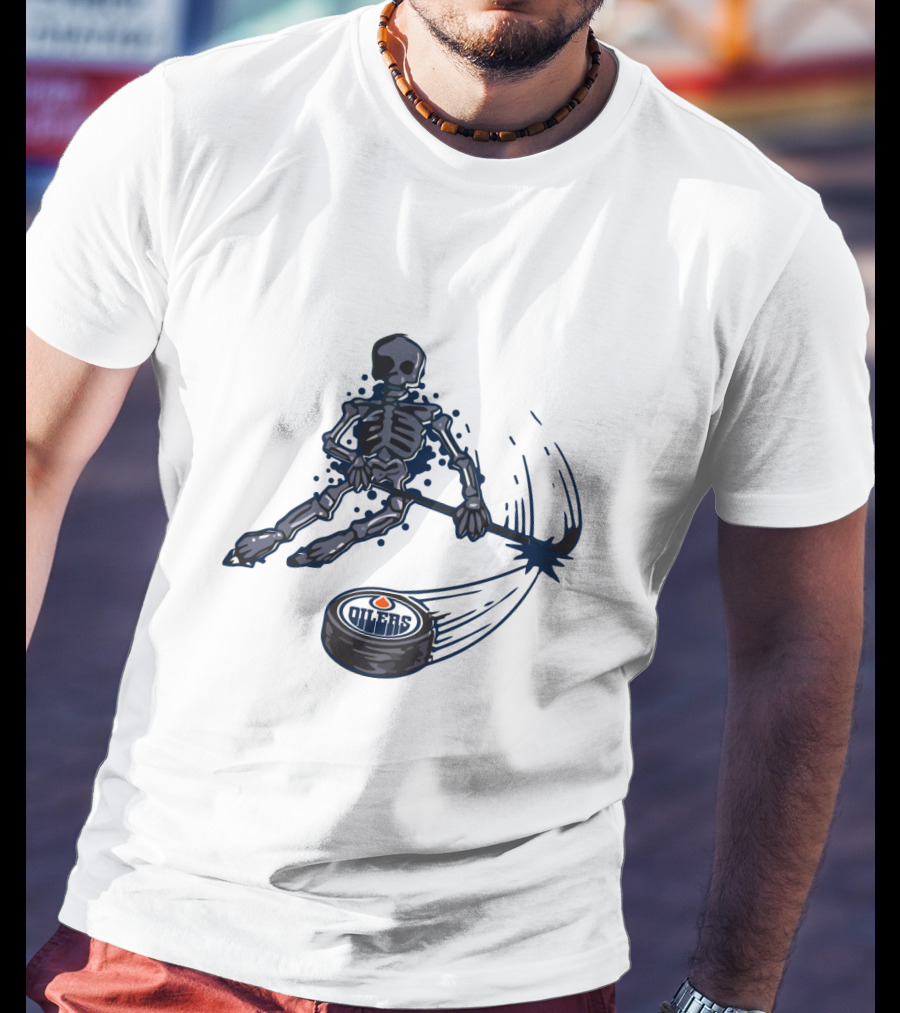 Edmonton Oilers Skeleton Playing Ice Hockey With Puck T-Shirt