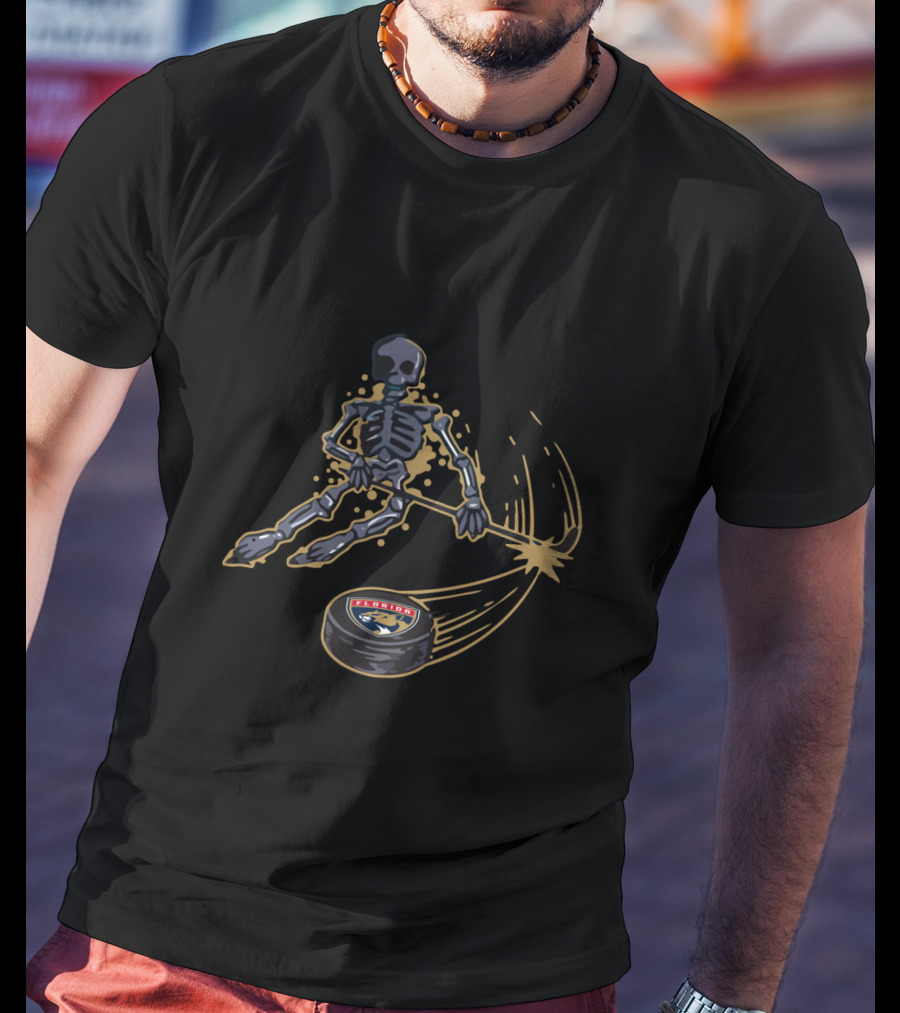 Skeleton Playing Ice Hockey With Florida Panthers Logo Puck T-Shirt