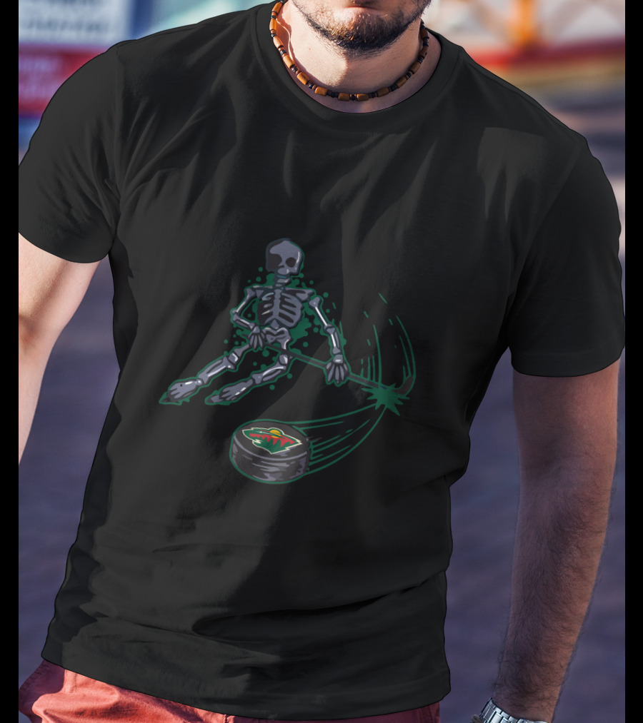 Skeleton Playing Ice Hockey With Minnesota Wild Puck T-Shirt