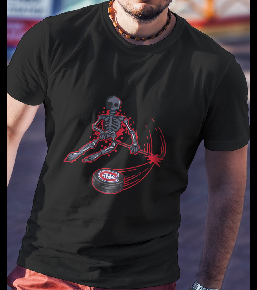 Skeleton Hockey Player With Montreal Canadiens Puck Dynamic Action T-Shirt