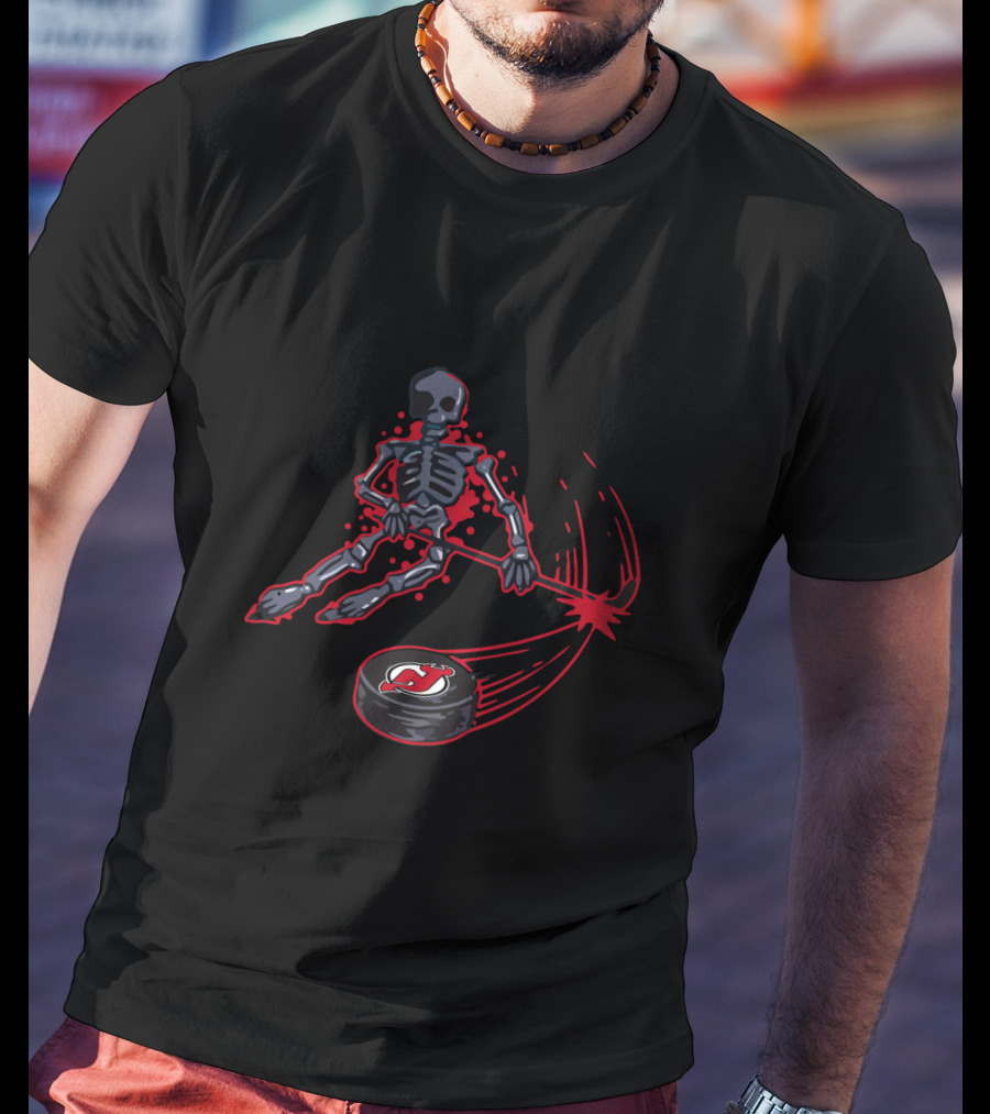 Skeleton Playing Ice Hockey With New Jersey Devils Puck T-Shirt