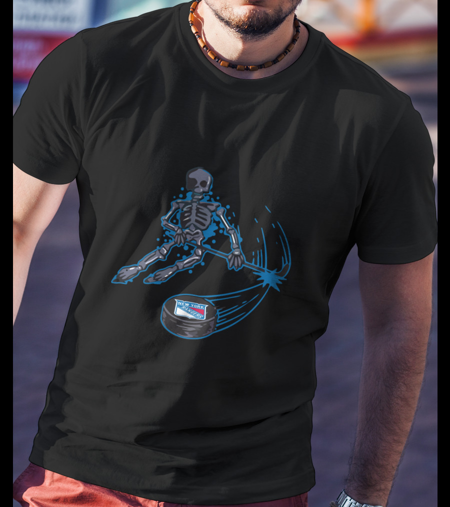 New York Rangers Skeleton Playing Ice Hockey With Puck T-Shirt