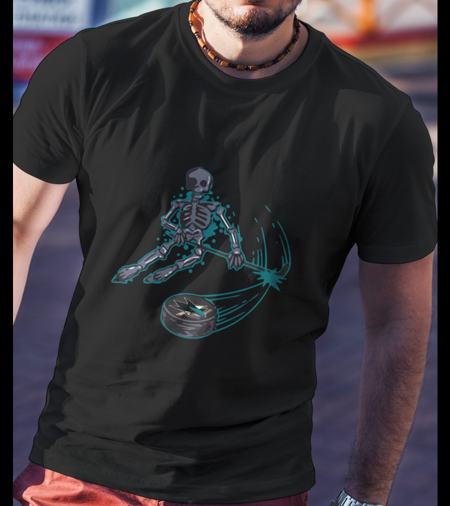 San Jose Sharks Skeleton Ice Hockey Graphic With Teal And Black Elements T-Shirt